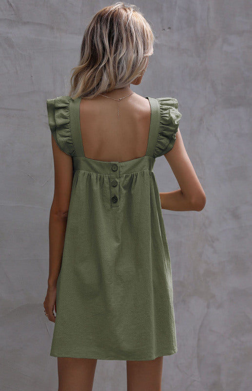 Sleeveless Cotton-Linen Ruffle Mini Dress – Square Neck Summer Casual