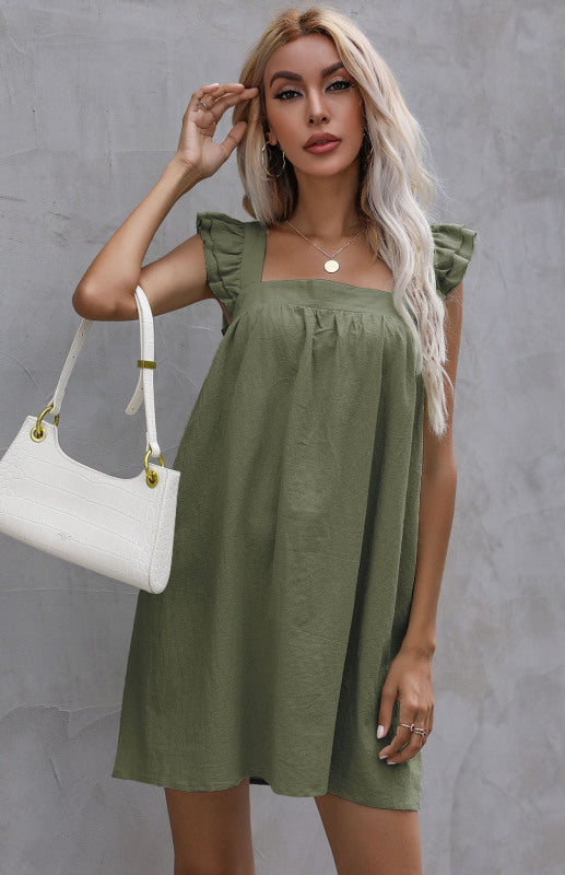 Sleeveless Cotton-Linen Ruffle Mini Dress – Square Neck Summer Casual