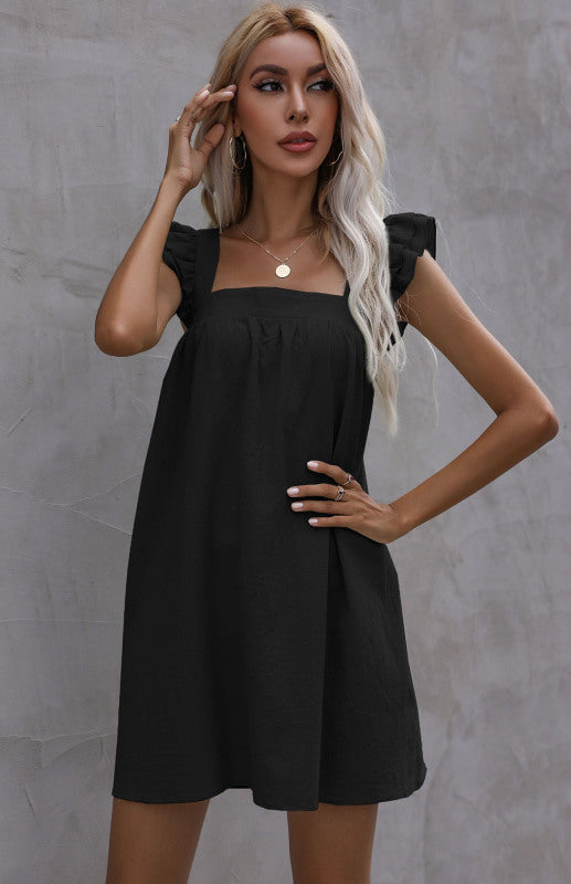 Sleeveless Cotton-Linen Ruffle Mini Dress – Square Neck Summer Casual