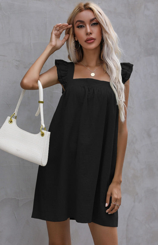 Sleeveless Cotton-Linen Ruffle Mini Dress – Square Neck Summer Casual