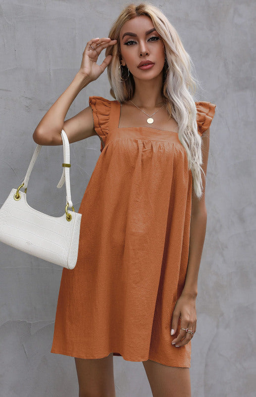 Sleeveless Cotton-Linen Ruffle Mini Dress – Square Neck Summer Casual