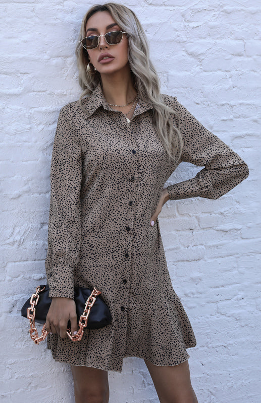 Leopard Print Long Sleeve Pleated Shirt Dress – Lapel Collar & Retro Style