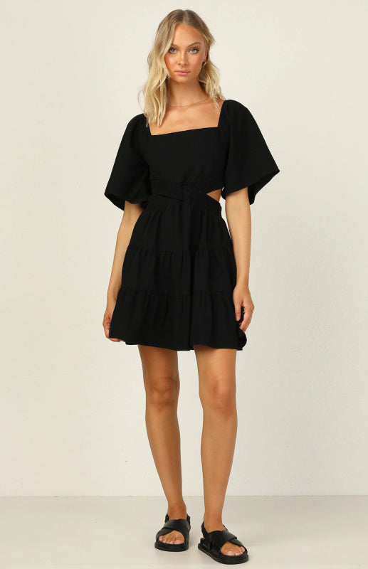 Solid Color Lantern Sleeve Short Dress – Elastic Waist, Boho Style