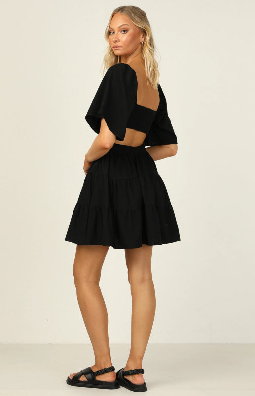 Solid Color Lantern Sleeve Short Dress – Elastic Waist, Boho Style
