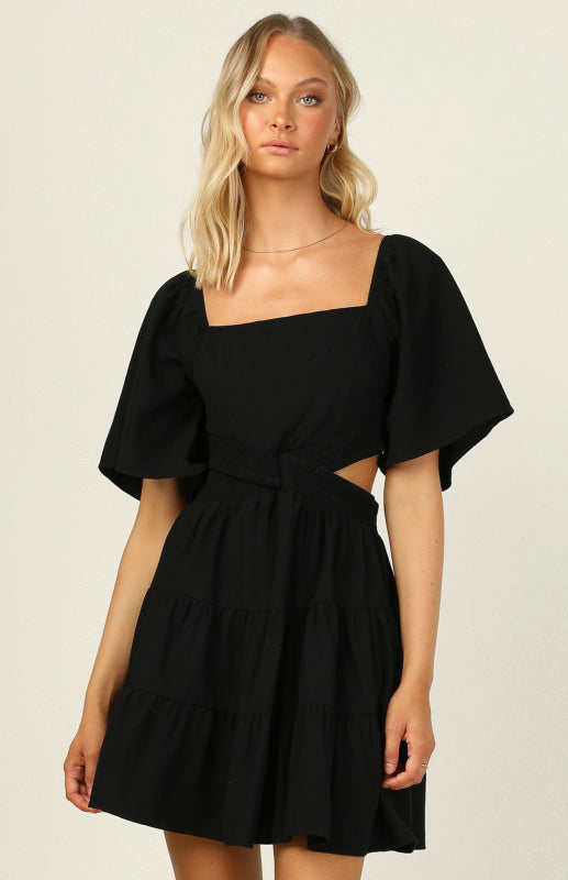 Solid Color Lantern Sleeve Short Dress – Elastic Waist, Boho Style