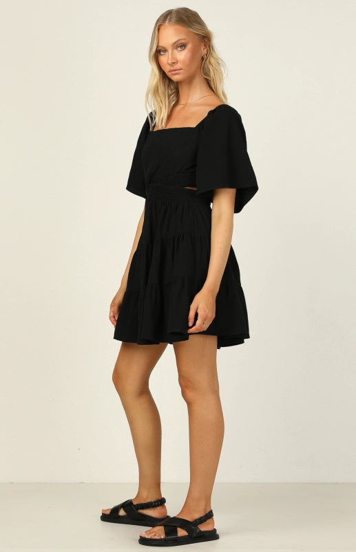 Solid Color Lantern Sleeve Short Dress – Elastic Waist, Boho Style
