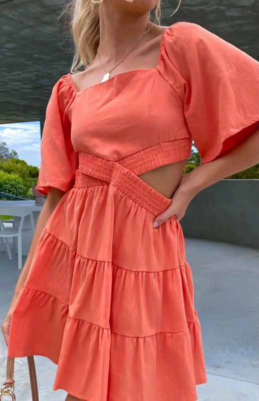 Solid Color Lantern Sleeve Short Dress – Elastic Waist, Boho Style
