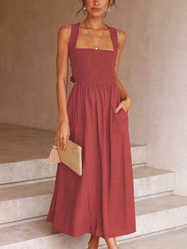 Sleeveless Cotton Linen Midi Sling Dress - Boho Summer Look