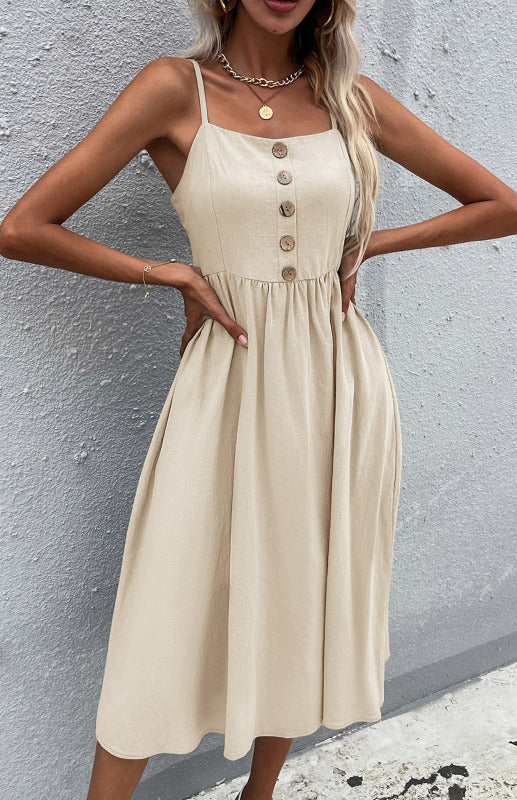 Slim Fit Sleeveless Cotton Linen Midi Dress – Button-Down A-Line Style