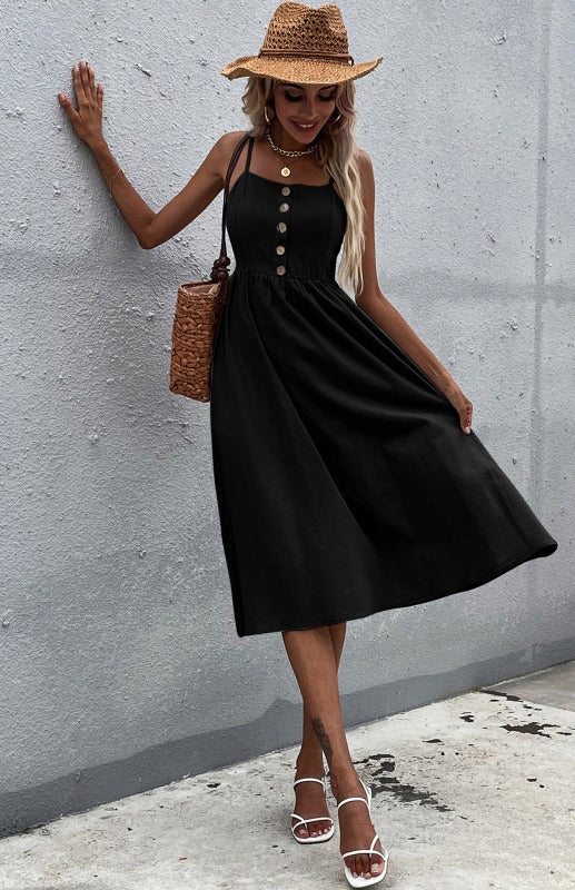 Slim Fit Sleeveless Cotton Linen Midi Dress – Button-Down A-Line Style