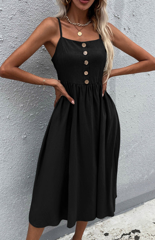 Slim Fit Sleeveless Cotton Linen Midi Dress – Button-Down A-Line Style