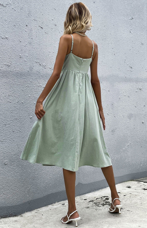 Slim Fit Sleeveless Cotton Linen Midi Dress – Button-Down A-Line Style