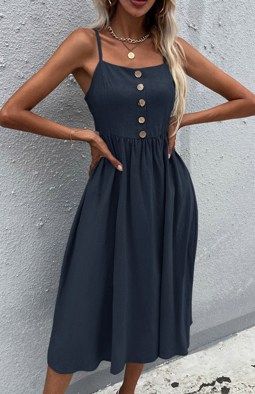Slim Fit Sleeveless Cotton Linen Midi Dress – Button-Down A-Line Style