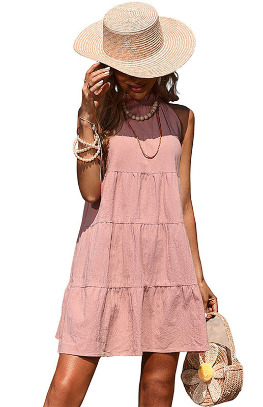 Solid Halter Cotton-Linen Dress – Sleeveless Loose Fit for Summer Leisure