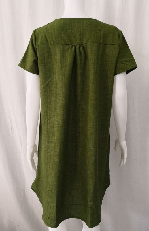 Curved Hem V-Neck Linen Dress with Rolled Sleeves – Lightweight Leisure Style