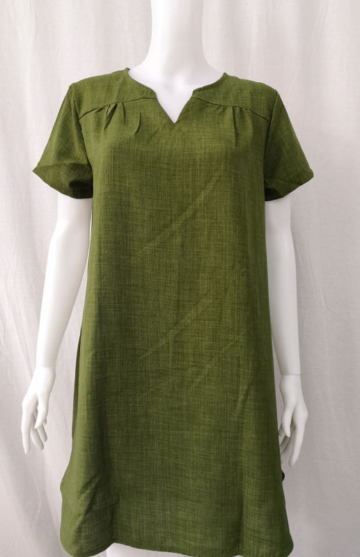 Curved Hem V-Neck Linen Dress with Rolled Sleeves – Lightweight Leisure Style