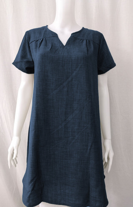 Curved Hem V-Neck Linen Dress with Rolled Sleeves – Lightweight Leisure Style