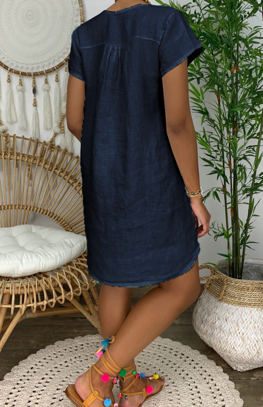 Curved Hem V-Neck Linen Dress with Rolled Sleeves – Lightweight Leisure Style