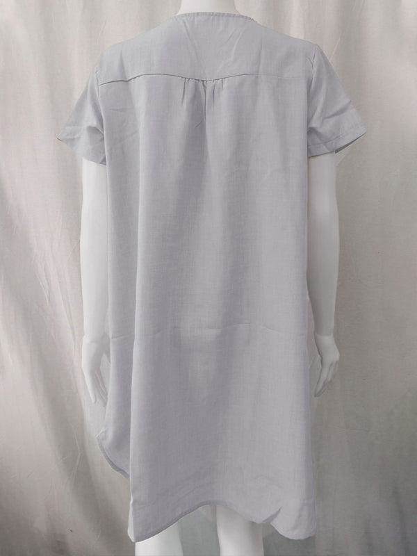 Curved Hem V-Neck Linen Dress with Rolled Sleeves – Lightweight Leisure Style