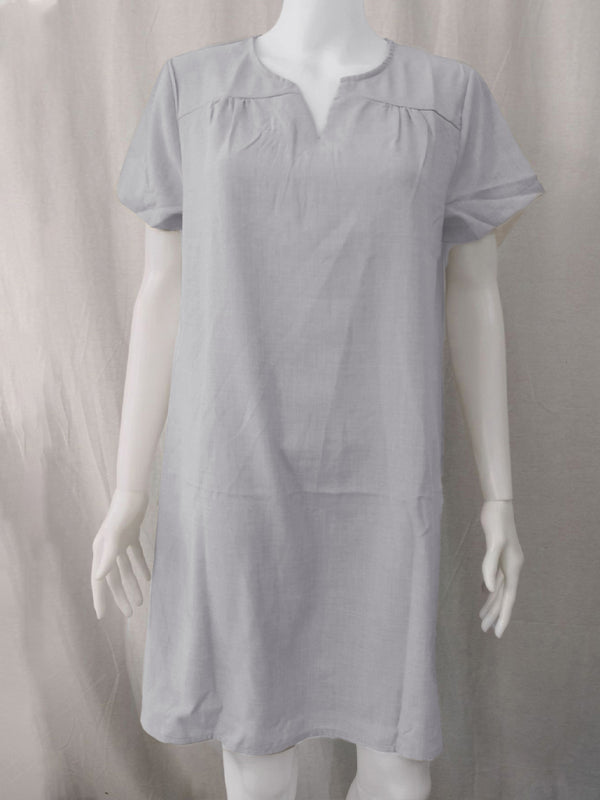 Curved Hem V-Neck Linen Dress with Rolled Sleeves – Lightweight Leisure Style