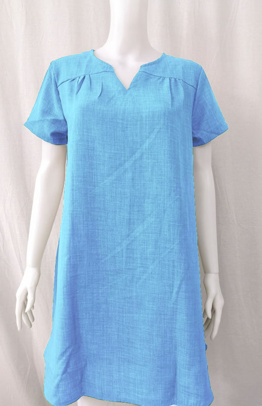 Curved Hem V-Neck Linen Dress with Rolled Sleeves – Lightweight Leisure Style