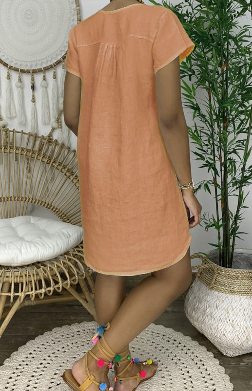 Curved Hem V-Neck Linen Dress with Rolled Sleeves – Lightweight Leisure Style