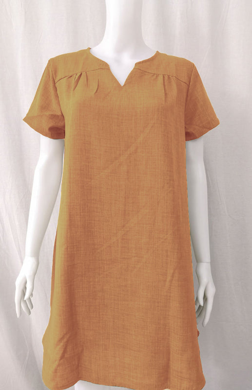Curved Hem V-Neck Linen Dress with Rolled Sleeves – Lightweight Leisure Style