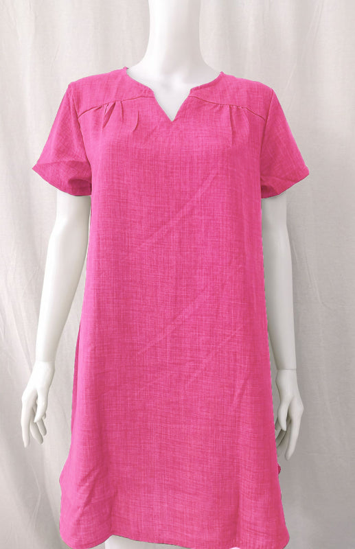 Curved Hem V-Neck Linen Dress with Rolled Sleeves – Lightweight Leisure Style