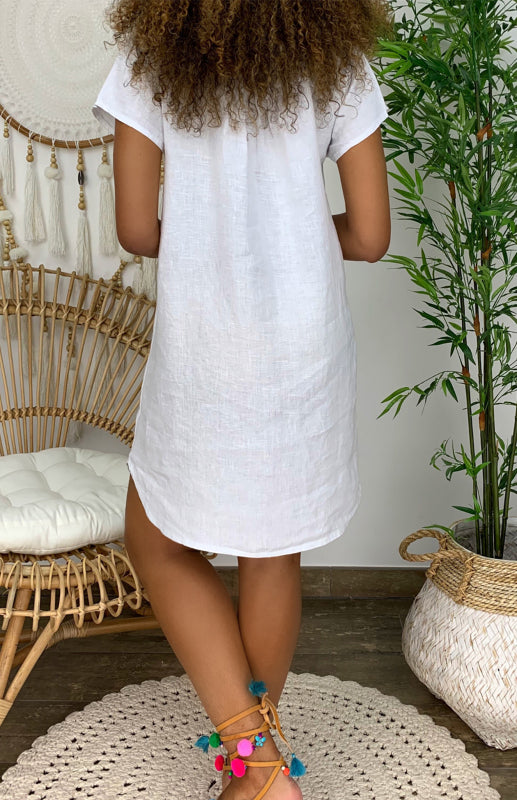 Curved Hem V-Neck Linen Dress with Rolled Sleeves – Lightweight Leisure Style