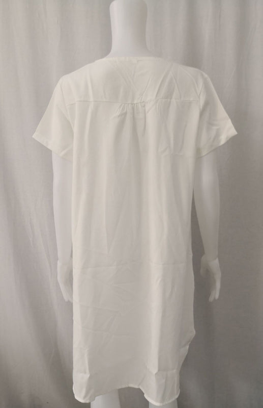 Curved Hem V-Neck Linen Dress with Rolled Sleeves – Lightweight Leisure Style
