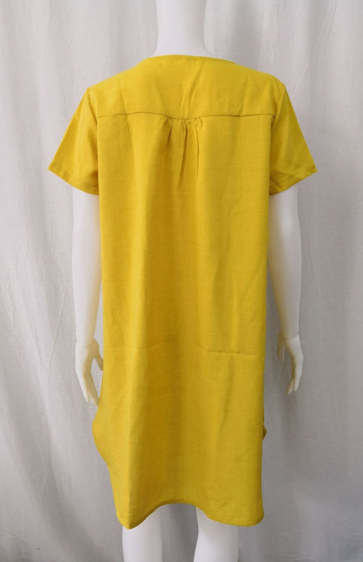 Curved Hem V-Neck Linen Dress with Rolled Sleeves – Lightweight Leisure Style
