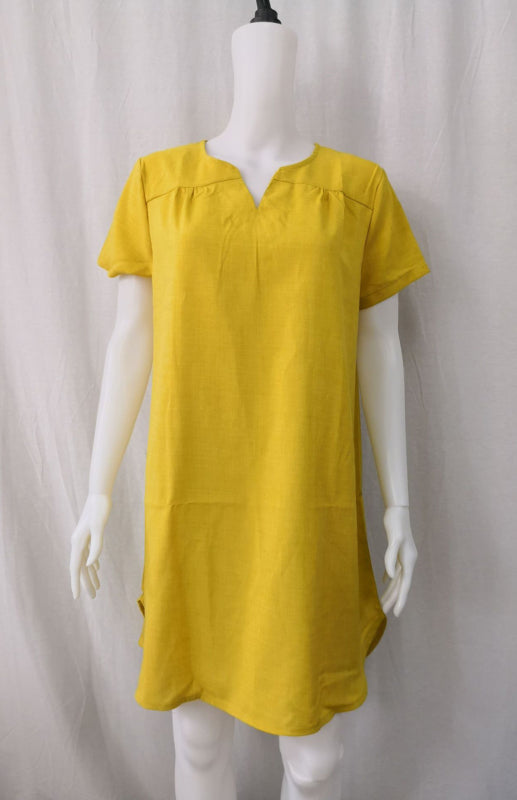Curved Hem V-Neck Linen Dress with Rolled Sleeves – Lightweight Leisure Style