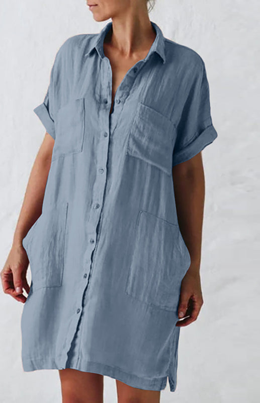 Short Sleeve Shirt Dress with Lapel, Pockets & Flax Texture – Sizes S–5XL