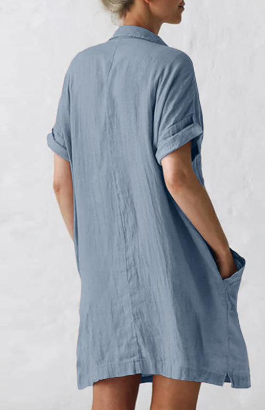 Short Sleeve Shirt Dress with Lapel, Pockets & Flax Texture – Sizes S–5XL
