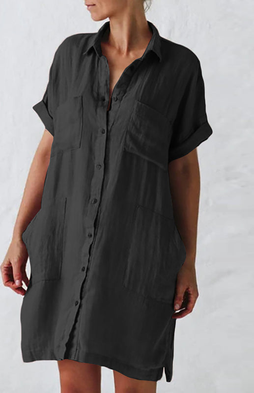 Short Sleeve Shirt Dress with Lapel, Pockets & Flax Texture – Sizes S–5XL