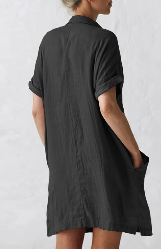 Short Sleeve Shirt Dress with Lapel, Pockets & Flax Texture – Sizes S–5XL