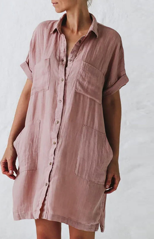 Short Sleeve Shirt Dress with Lapel, Pockets & Flax Texture – Sizes S–5XL