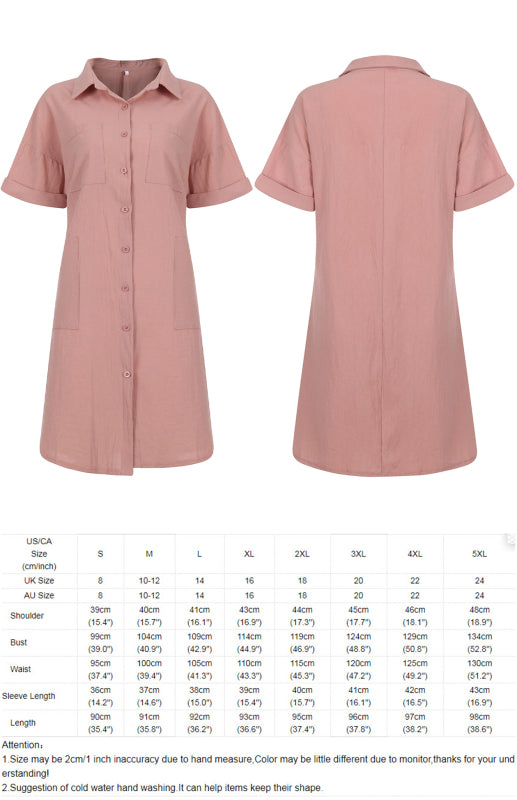 Short Sleeve Shirt Dress with Lapel, Pockets & Flax Texture – Sizes S–5XL