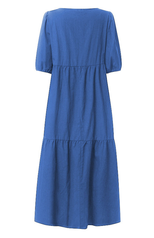 Linen Puff Sleeve Babydoll Midi Dress – Round Neck, High Waist, Cotton