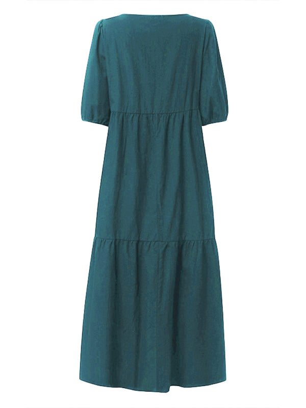 Linen Puff Sleeve Babydoll Midi Dress – Round Neck, High Waist, Cotton