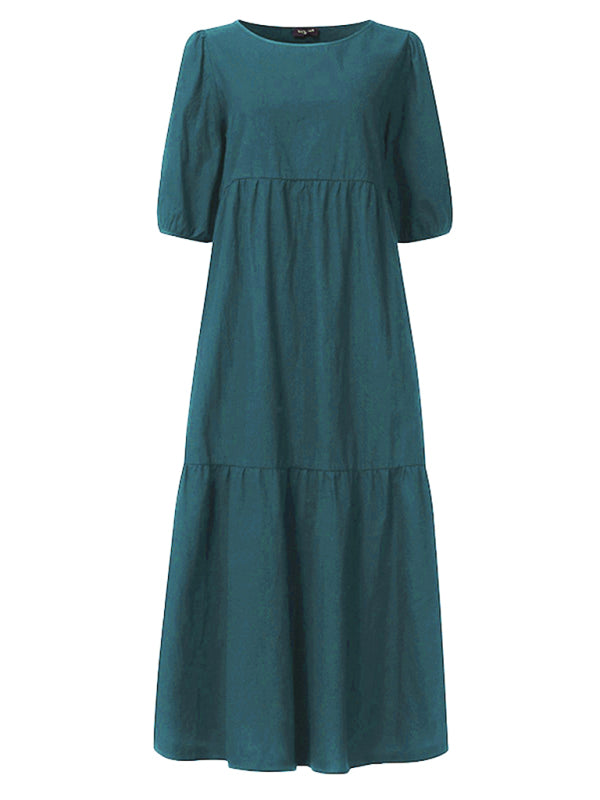 Linen Puff Sleeve Babydoll Midi Dress – Round Neck, High Waist, Cotton