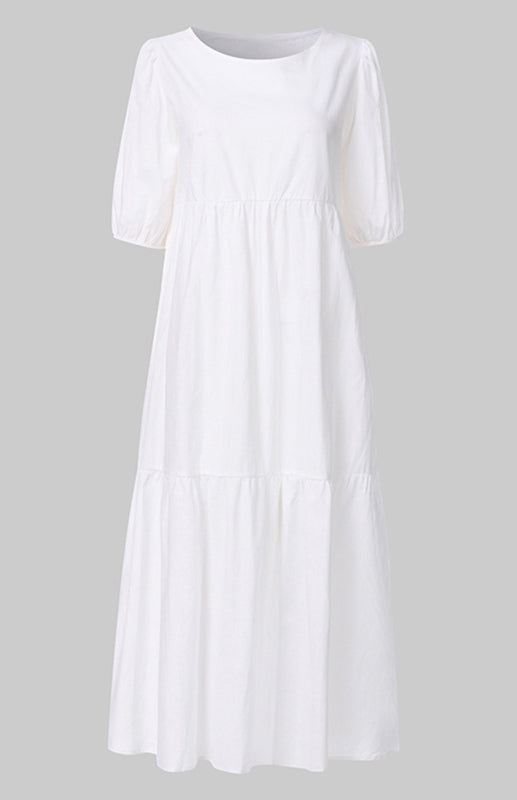 Linen Puff Sleeve Babydoll Midi Dress – Round Neck, High Waist, Cotton