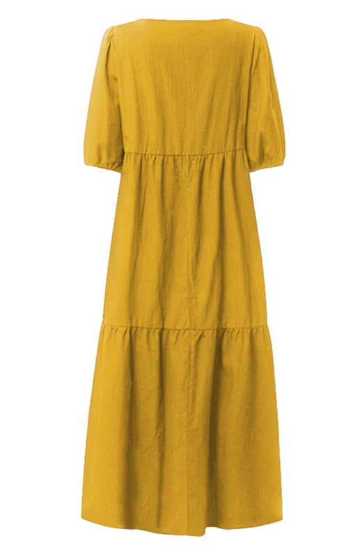 Linen Puff Sleeve Babydoll Midi Dress – Round Neck, High Waist, Cotton