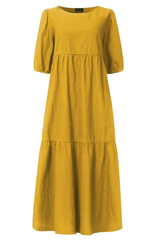 Linen Puff Sleeve Babydoll Midi Dress – Round Neck, High Waist, Cotton