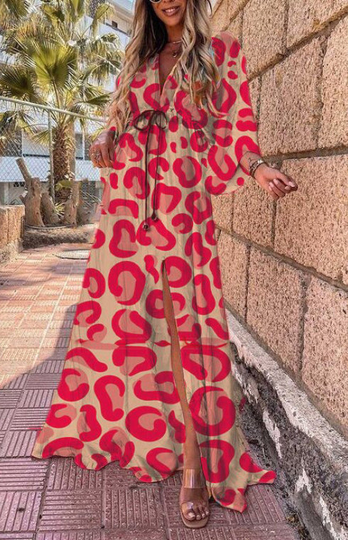High-Waist Floral Print Maxi Dress – V-Neck Holiday Style