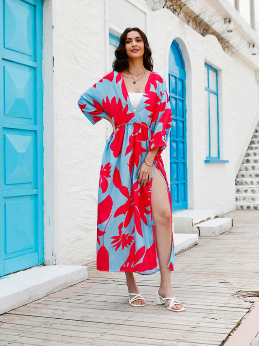 High-Waist Floral Print Maxi Dress – V-Neck Holiday Style