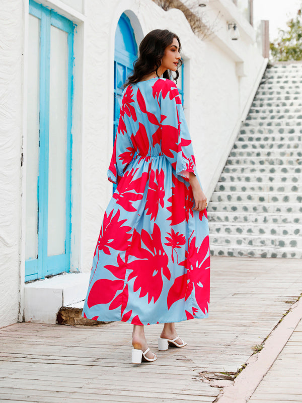 High-Waist Floral Print Maxi Dress – V-Neck Holiday Style