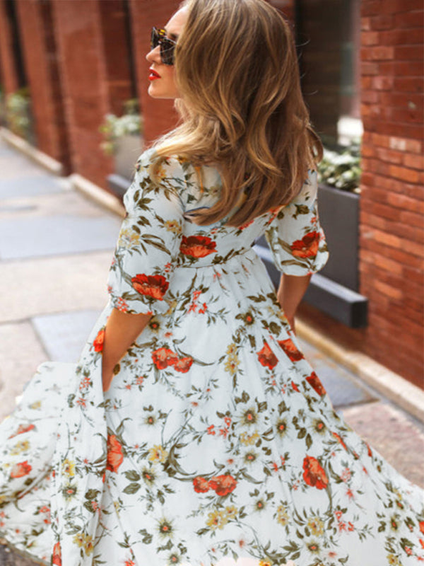 Bohemian Floral Print Holiday Dress – High Waist, 3/4 Sleeves, Woven