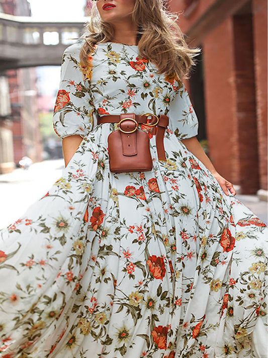 Bohemian Floral Print Holiday Dress – High Waist, 3/4 Sleeves, Woven