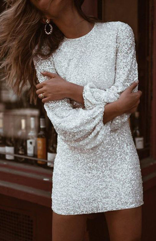 Sequin Embroidered Pencil Dress with Balloon Sleeves